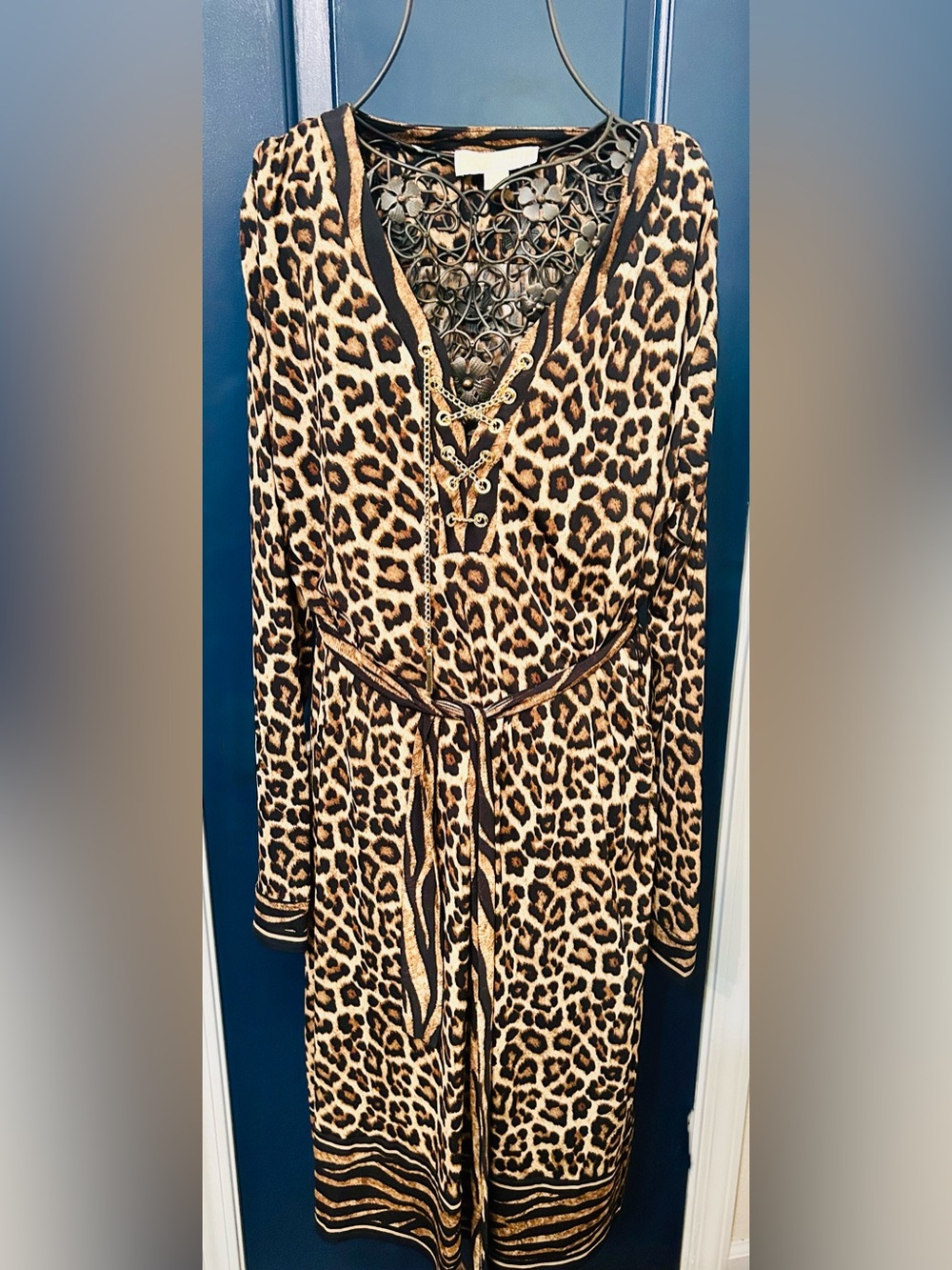 Michael Kors Leopard Print Long-Sleeve Tie-Waist Dress - Brown